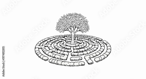 A circular hedge maze with a mature tree at its center