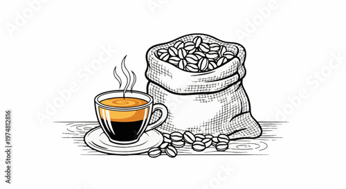 A cup of steaming coffee sits next to a sack brimming with coffee beans