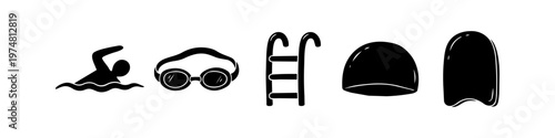 Set of minimalist black swimming icons featuring a swimmer, goggles, pool ladder, swim cap, and kickboard. Perfect for sports graphics and aquatic center branding on a clean white background.