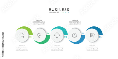 Modern infographic template. Creative circle element design with marketing icons. Business concept with 5 options, steps, sections.