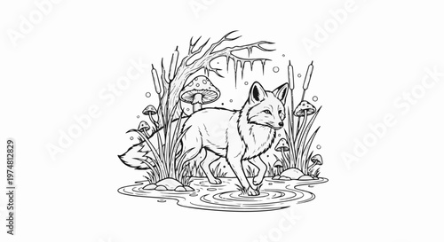 A black and white illustration of a fox walking through shallow water