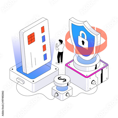 Shield with card, illustration of secure atm card
