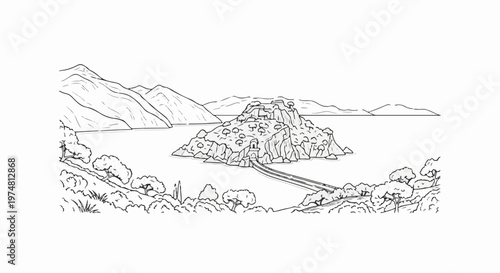 A rocky island with a structure and a bridge sits in calm waters