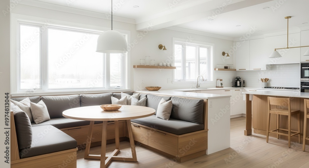 Fototapeta premium Modern kitchen interior features a cozy dining nook with built-in bench seating and a round wooden table.