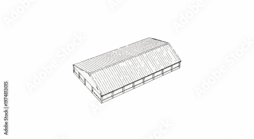 A simple isometric line drawing of a long, corrugated metal roofed building