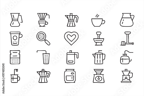 Minimalist Coffee Icons Set with Espresso Brewing and Cafe Equipment