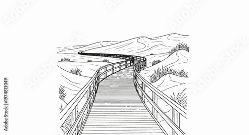 Wooden walkway curves through sand dunes dotted with sparse grass
