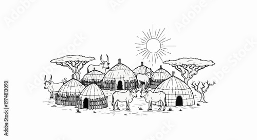 African village with thatched huts, cattle, and acacia trees under the sun