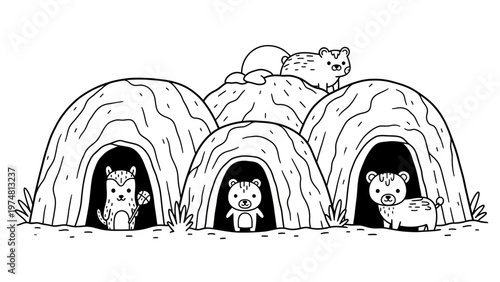 Cute Cartoon Forest Animals in Burrows Coloring Page.