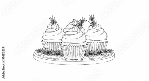 Three frosted cupcakes topped with herbs on a decorated platter