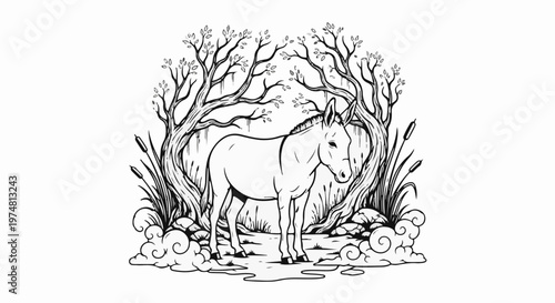 Donkey standing in a forest clearing with surrounding trees and reeds