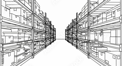 Interior of a storage warehouse with rows of shelves filled with boxed goods