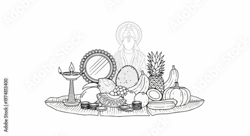 An offering arrangement with fruits, a lamp, mirror, and a divine figure outline