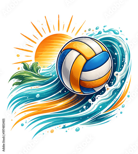 Beach Volleyball Illustration Featuring Dynamic Blue Ocean Waves And Stylized Orange Sun
