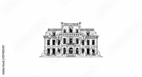 Ornate, dilapidated mansion with broken windows and overgrown facade