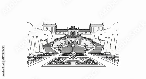 Ornate garden with fountain, statues, grand staircase, and manicured greenery