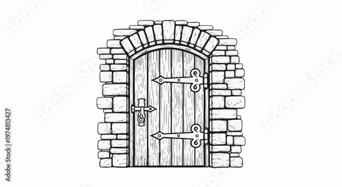 Ornate, weathered wooden door set in rough stone archway