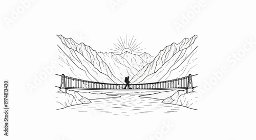 A solitary hiker crosses a suspension bridge over a river amidst majestic mountains at sunrise