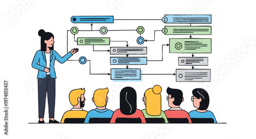 Businesswoman presenting flowchart to audience in meeting