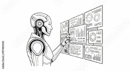 Robotic arm interacting with futuristic digital displays showing data
