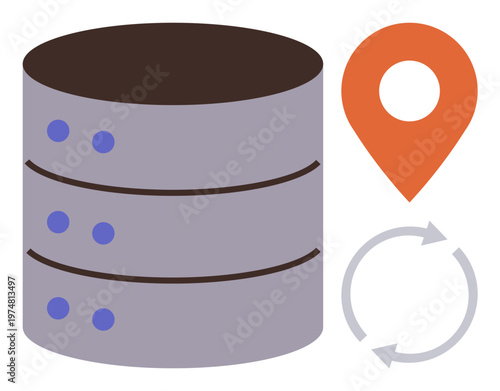 Cloud data management, geolocation services, database synchronization, networking, technology solutions, storage systems. Database icon with pin and circular arrows. Cloud data and geolocation
