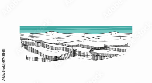 Stylized sketch of sand dunes and the sea with wooden fences