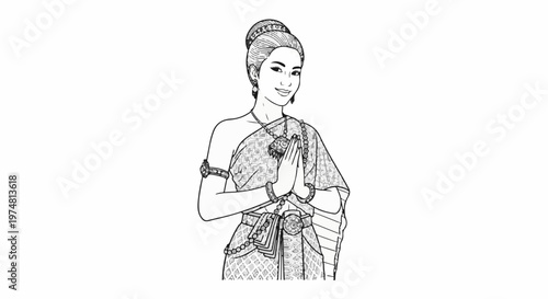 Traditional Thai woman in elaborate dress, hands in prayer pose