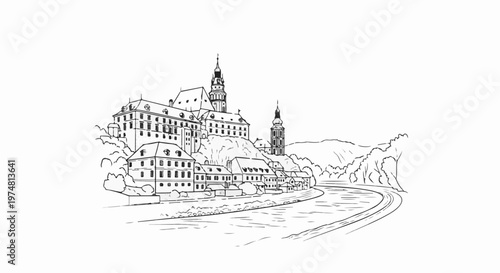 Sketch of old town buildings on a hill overlooking a winding river