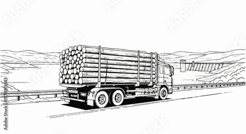 Truck transporting logs on a road with a dam and lake in the background