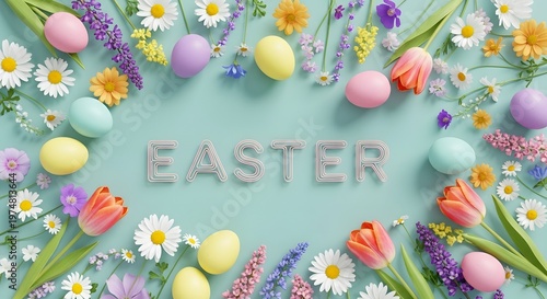 Festive easter day celebration colorful eggs and spring flowers on a light blue background
