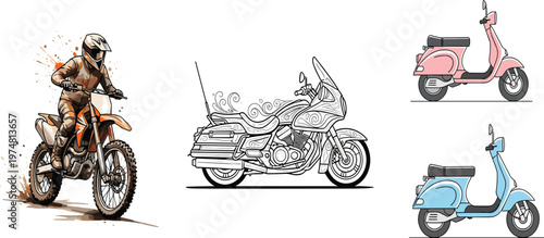 Motorcycle and scooter vector illustration set with motocross rider sport bike sketch retro scooter transport vehicle collection isolated on white background