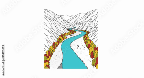 Winding river flows through snow-covered valley with autumn trees