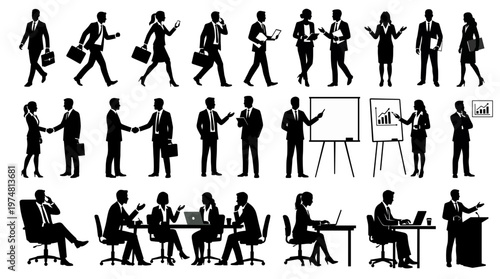 Business people silhouettes set. Office workers in various poses: presentation, meeting, walking, and working at desk. Vector isolated collection.