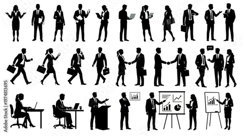 Business people silhouettes set. Office workers in various poses: presentation, meeting, walking, and working at desk. Vector isolated collection.