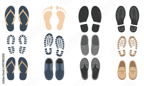 Footprint vector various footwear isolated white background modern flat illustration clean minimal design symbols.