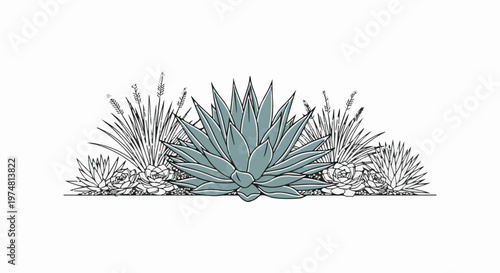 A decorative arrangement of various succulent plants and spiky foliage