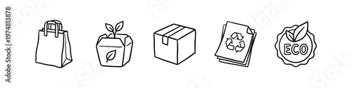 Set of hand-drawn eco-friendly packaging and recycling icons. Includes paper bag, compostable box, shipping carton, recycled paper, and eco label. Black line art on white background.