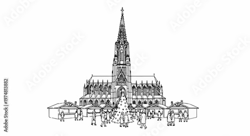 Christmas market stalls and tree in front of ornate gothic church
