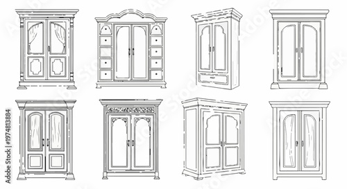Collection of ornate wardrobes with varied door and drawer designs