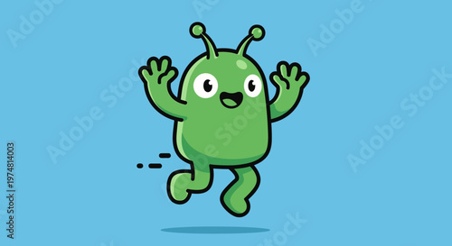 Green alien cartoon character jumping.