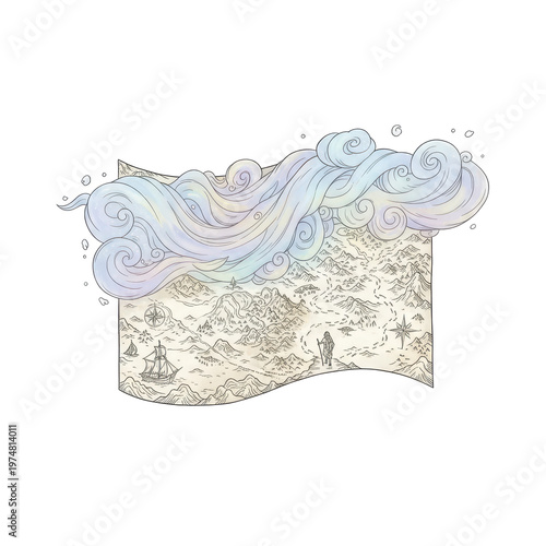 Whimsical Map with Clouds Ship and Traveler