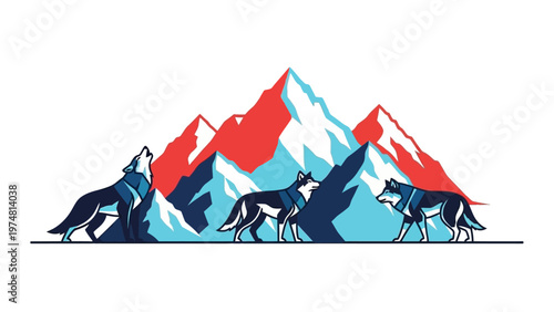 Mountain Range with Horses Illustration.