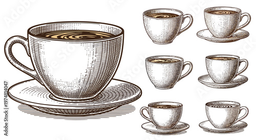 Set of coffee cups and saucers, tea time illustration