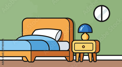 Bed with blue blanket.