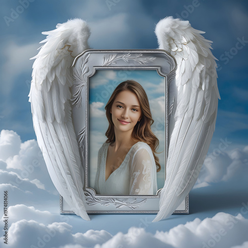 Memorial photo frame sky blue cloudy background with angel wings