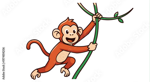 Cartoon Monkey Swinging on Vine.