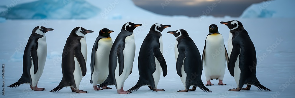 Obraz premium A group of penguins standing on ice and snow in Antarctica landscape