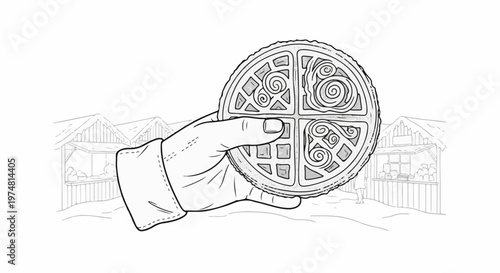 Hand holds a detailed round waffle with swirling patterns over market stalls