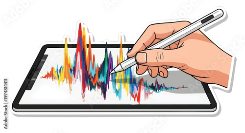 Hand holding stylus on tablet with colorful graph on screen