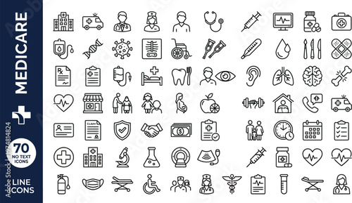 A collection of 70 line icons related to Medicare, including various medical and healthcare symbols, objects, and concepts in a simple and minimalist style.